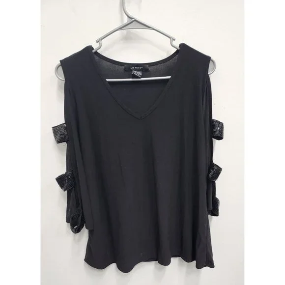 Liz McCoy Womens Top Size Large Black Sequined Cutout Sleeve Liquid Knit V-Neck - Picture 1 of 7
